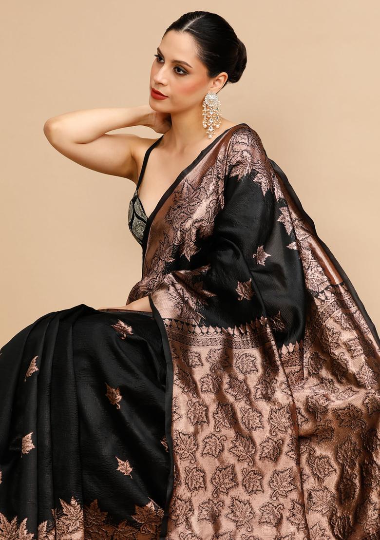 Black Woven Jacquard Saree Set - Indya
