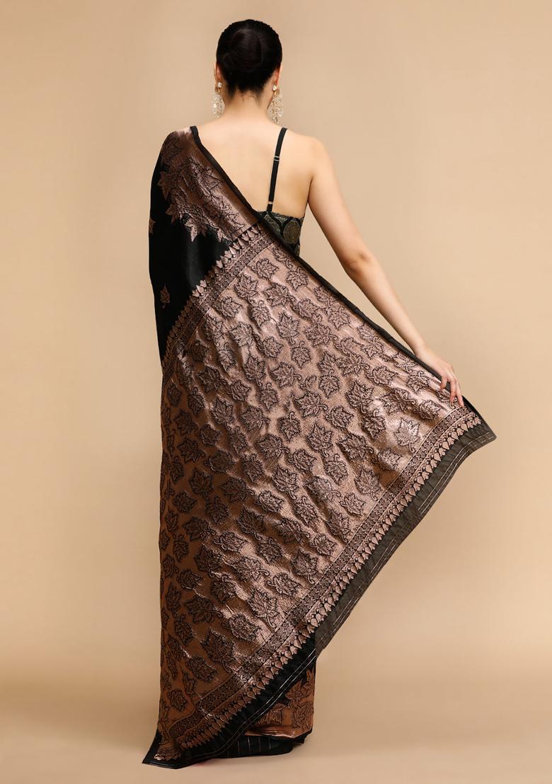 Black Woven Jacquard Saree Set - Indya