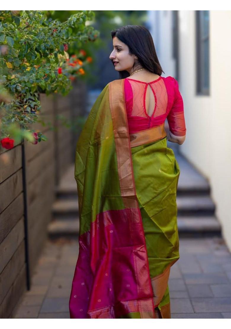 Green Woven Jacquard Saree Set - Indya
