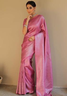 Pink Woven Jacquard Saree Set