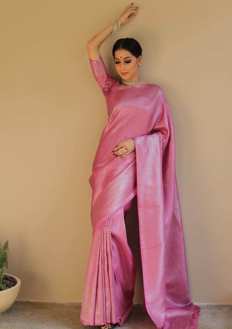 Pink Woven Jacquard Saree Set - Indya