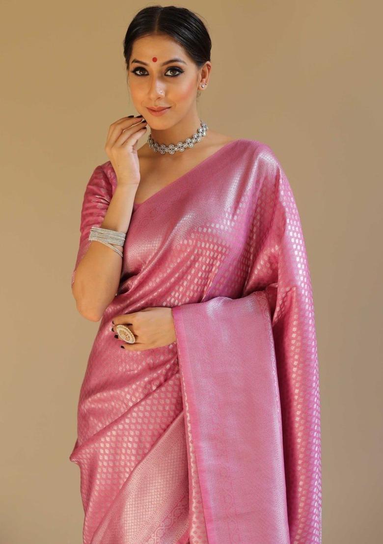 Pink Woven Jacquard Saree Set - Indya