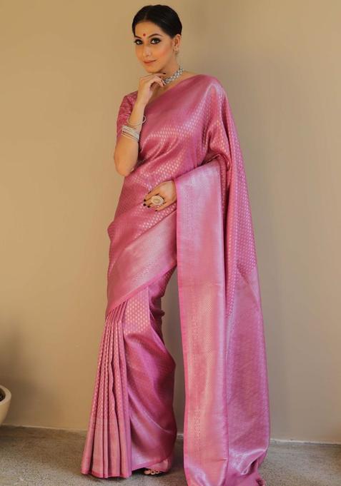 Pink Woven Jacquard Saree Set
