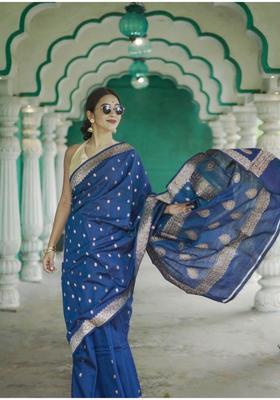 Blue Printed Jacquard Saree Set