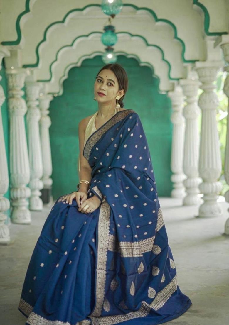 Blue Printed Jacquard Saree Set - Indya