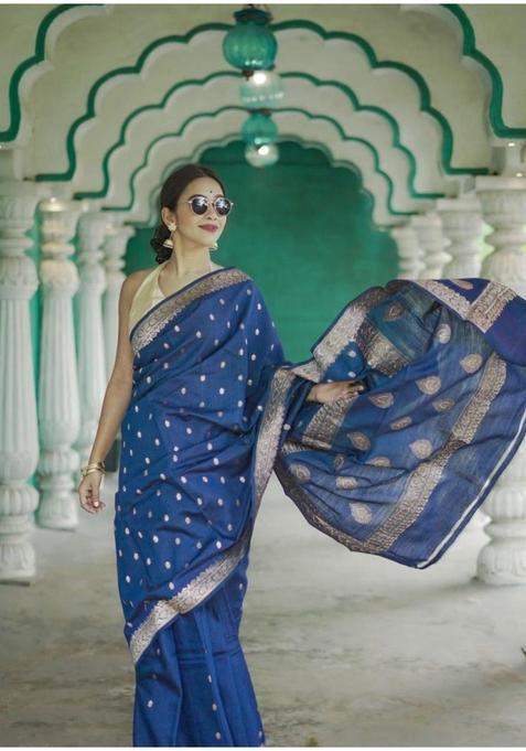 Blue Printed Jacquard Saree Set