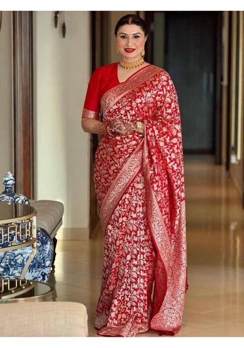 Red Woven Jacquard Saree Set
