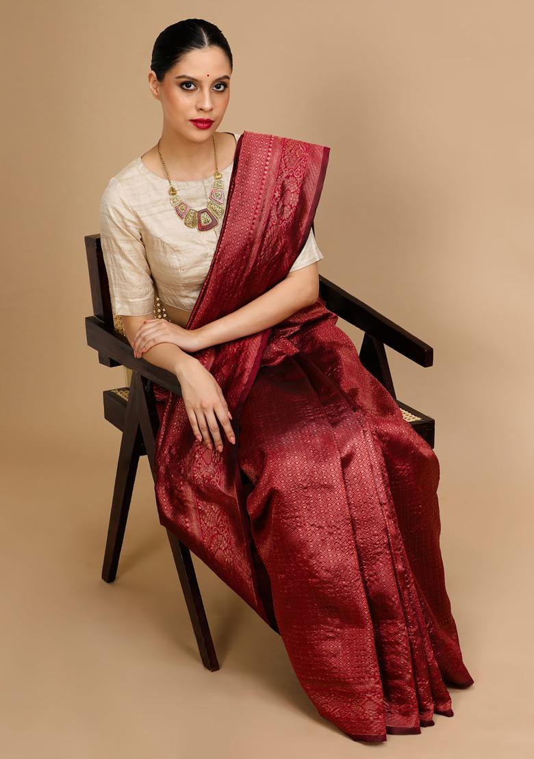 Maroon Woven Jacquard Saree Set - Indya