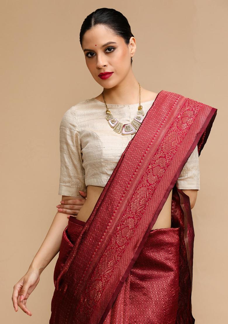 Maroon Woven Jacquard Saree Set - Indya
