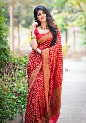 Red Woven Silk Blend Saree Set