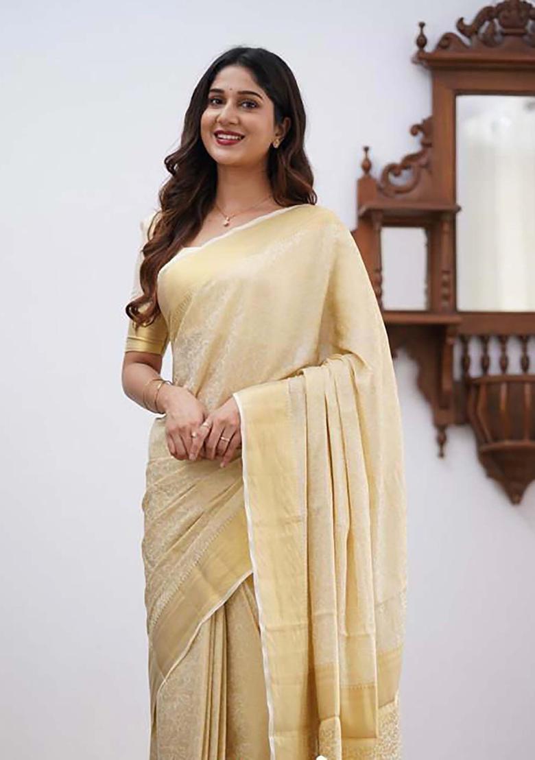 Cream Woven Silk Blend Saree Set - Indya
