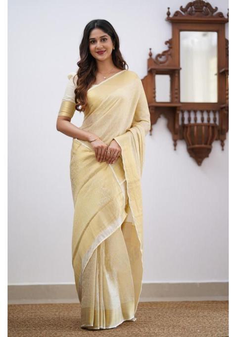 Cream Woven Silk Blend Saree Set