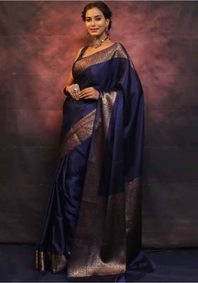 Navy Blue Printed Jacquard Saree Set