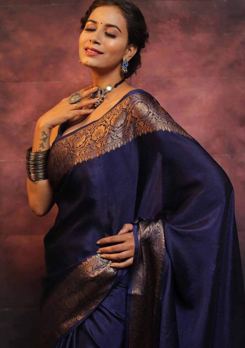 Navy Blue Printed Jacquard Saree Set - Indya