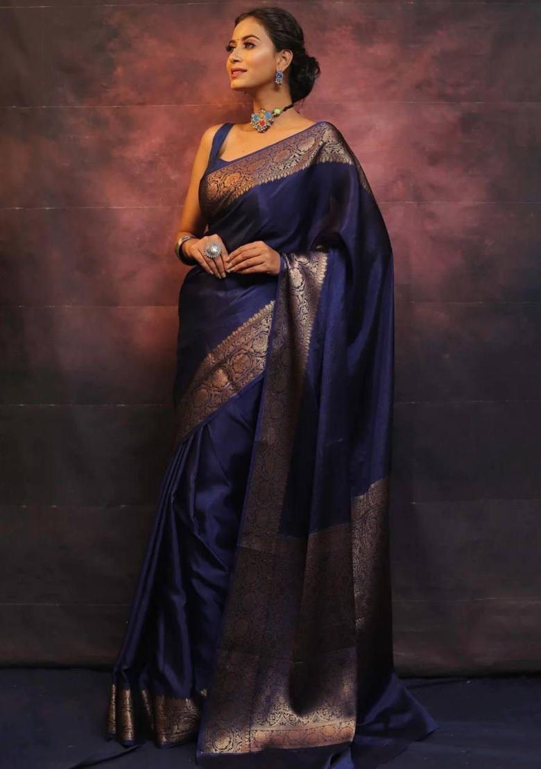 Navy Blue Printed Jacquard Saree Set - Indya