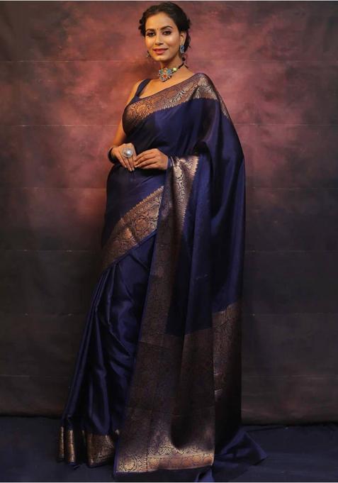 Navy Blue Printed Jacquard Saree Set