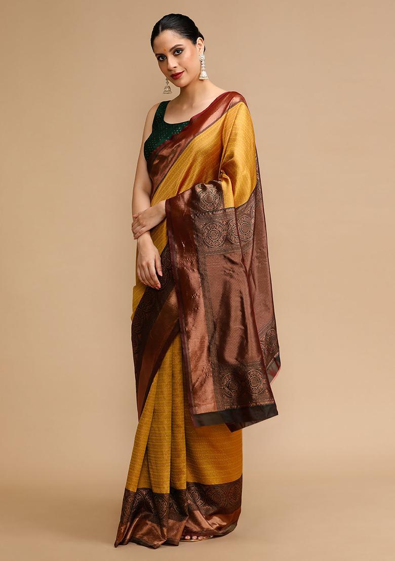 Mustard Woven Jacquard Saree Set - Indya