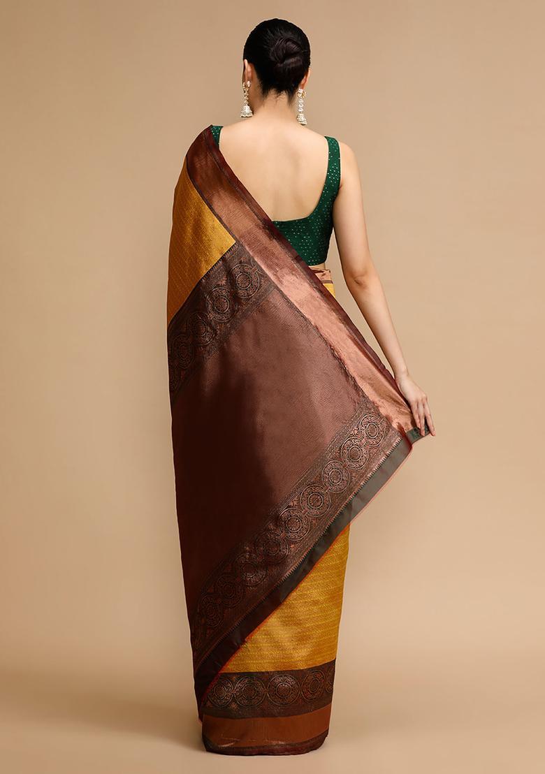 Mustard Woven Jacquard Saree Set - Indya