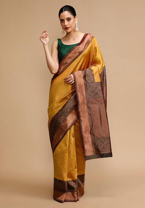 Mustard Woven Jacquard Saree Set