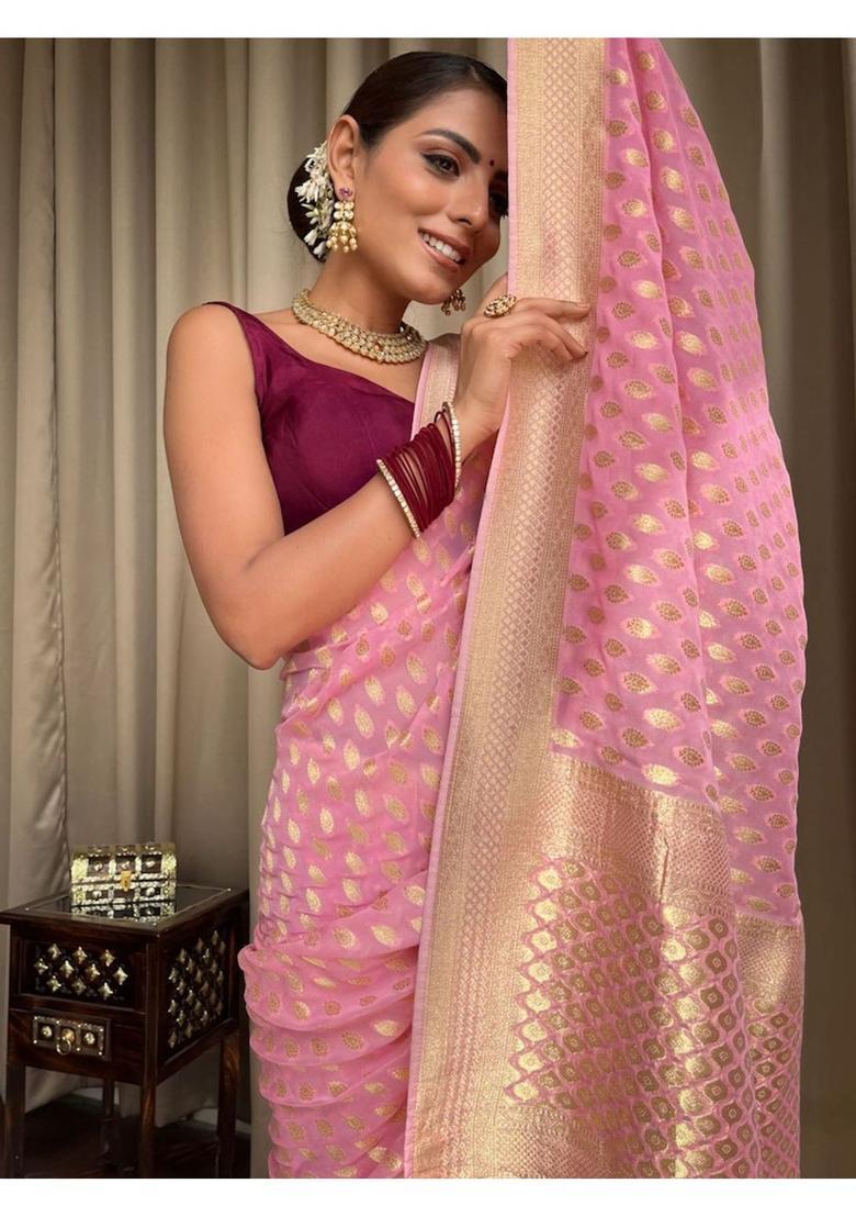 Pink Printed Jacquard Saree Set - Indya
