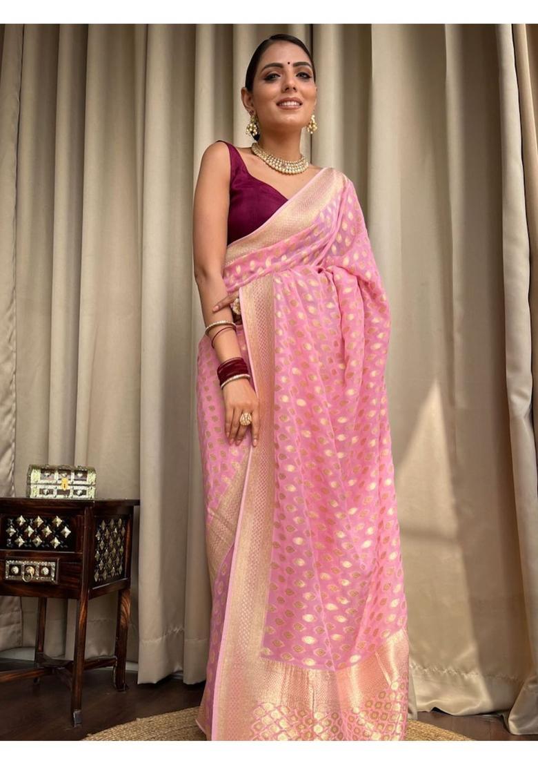 Pink Printed Jacquard Saree Set - Indya