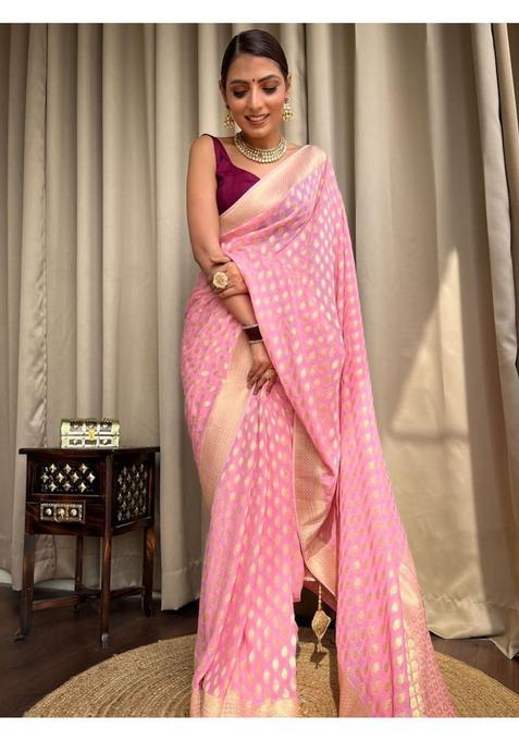 Pink Printed Jacquard Saree Set