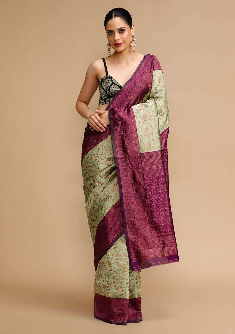 Olive Woven Jacquard Saree Set for Diwali and Festive Wear - Indya
