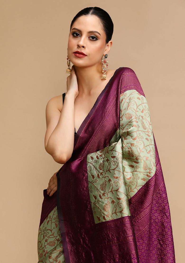 Olive Woven Jacquard Saree Set - Indya