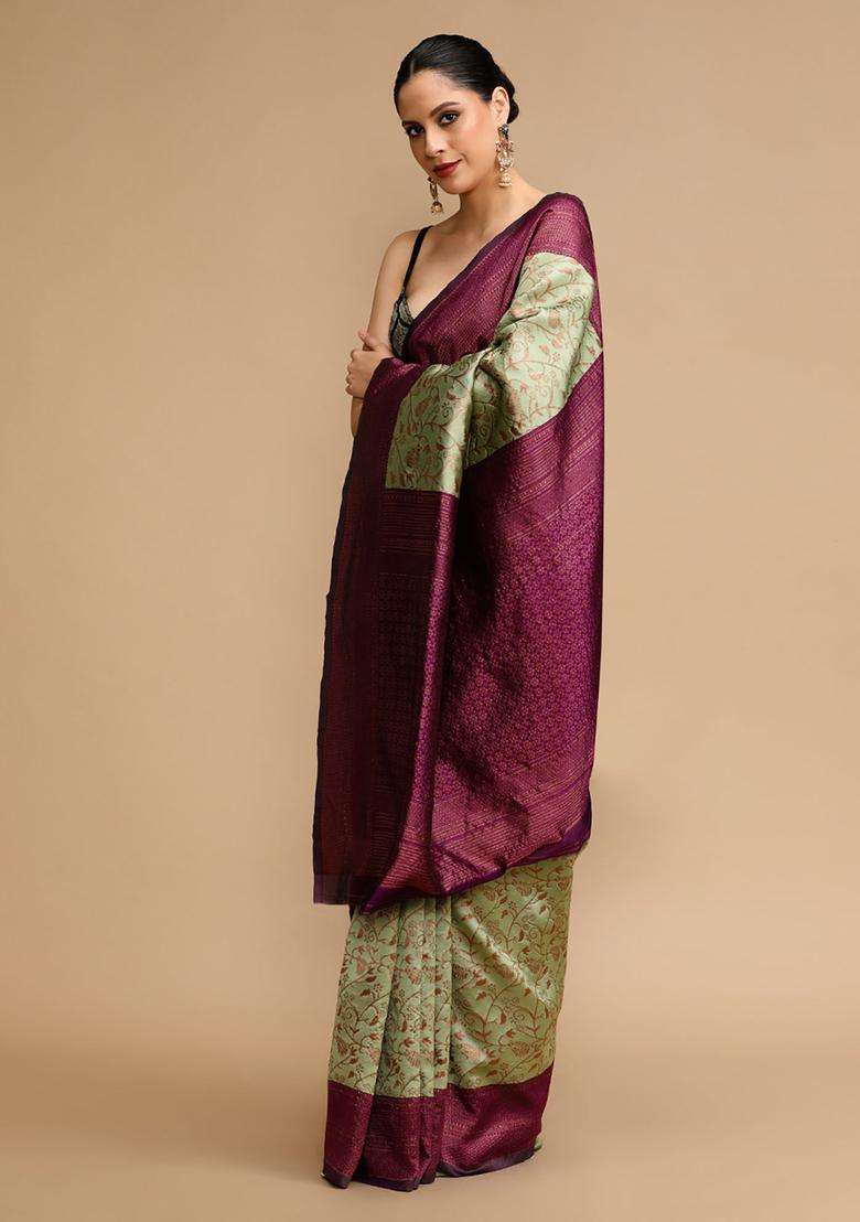 Olive Woven Jacquard Saree Set for Diwali and Festive Wear - Indya