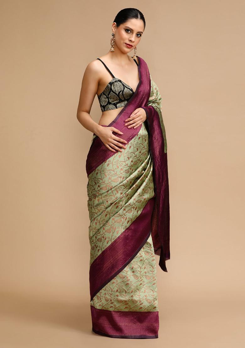 Olive Woven Jacquard Saree Set - Indya