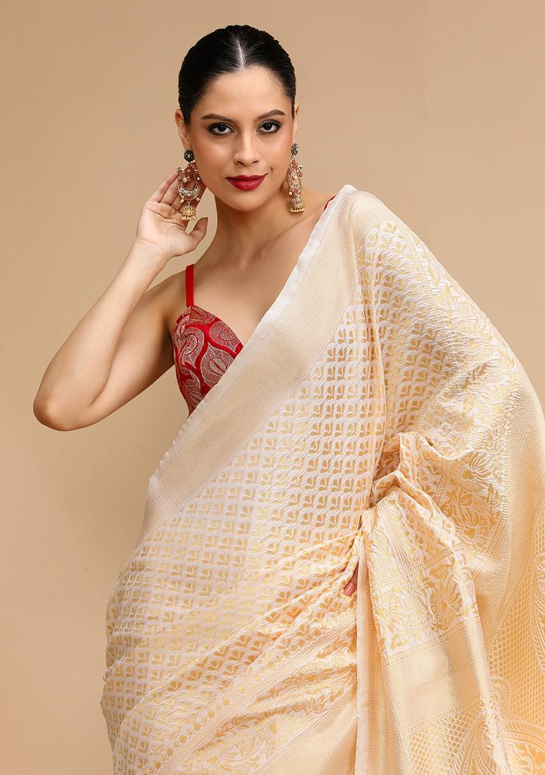 Off White Woven Jacquard Saree Set - Indya