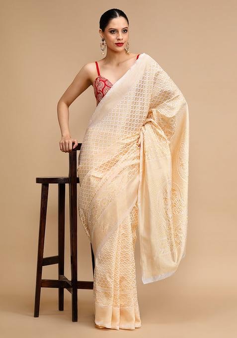 Off White Woven Jacquard Saree Set