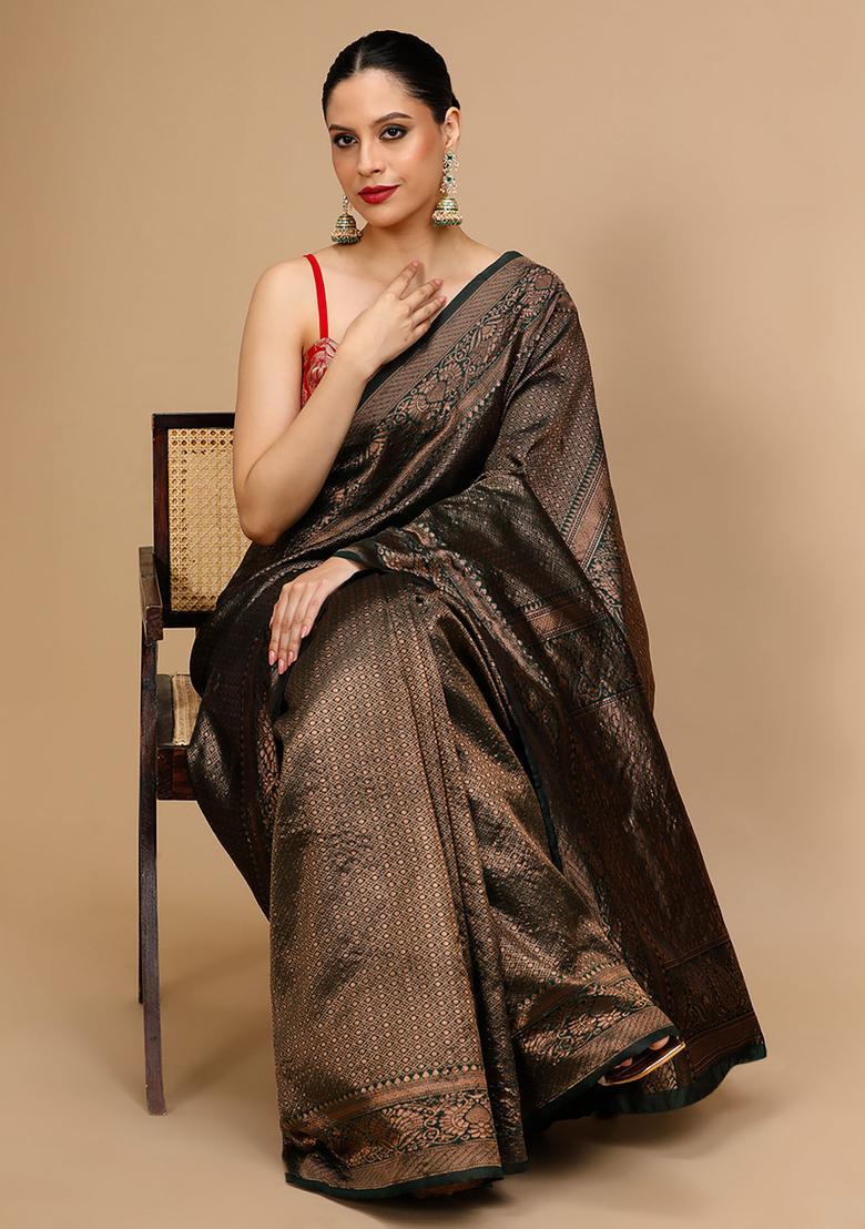 Green Woven Jacquard Saree Set - Indya
