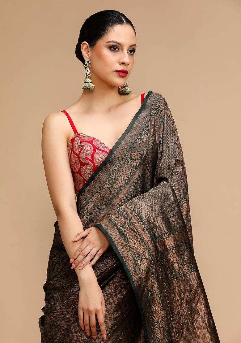 Green Woven Jacquard Saree Set - Indya