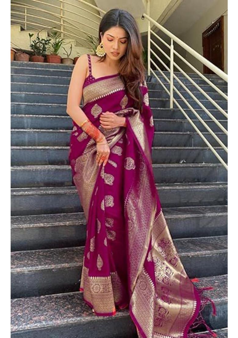 Purple Printed Jacquard Saree Set - Indya