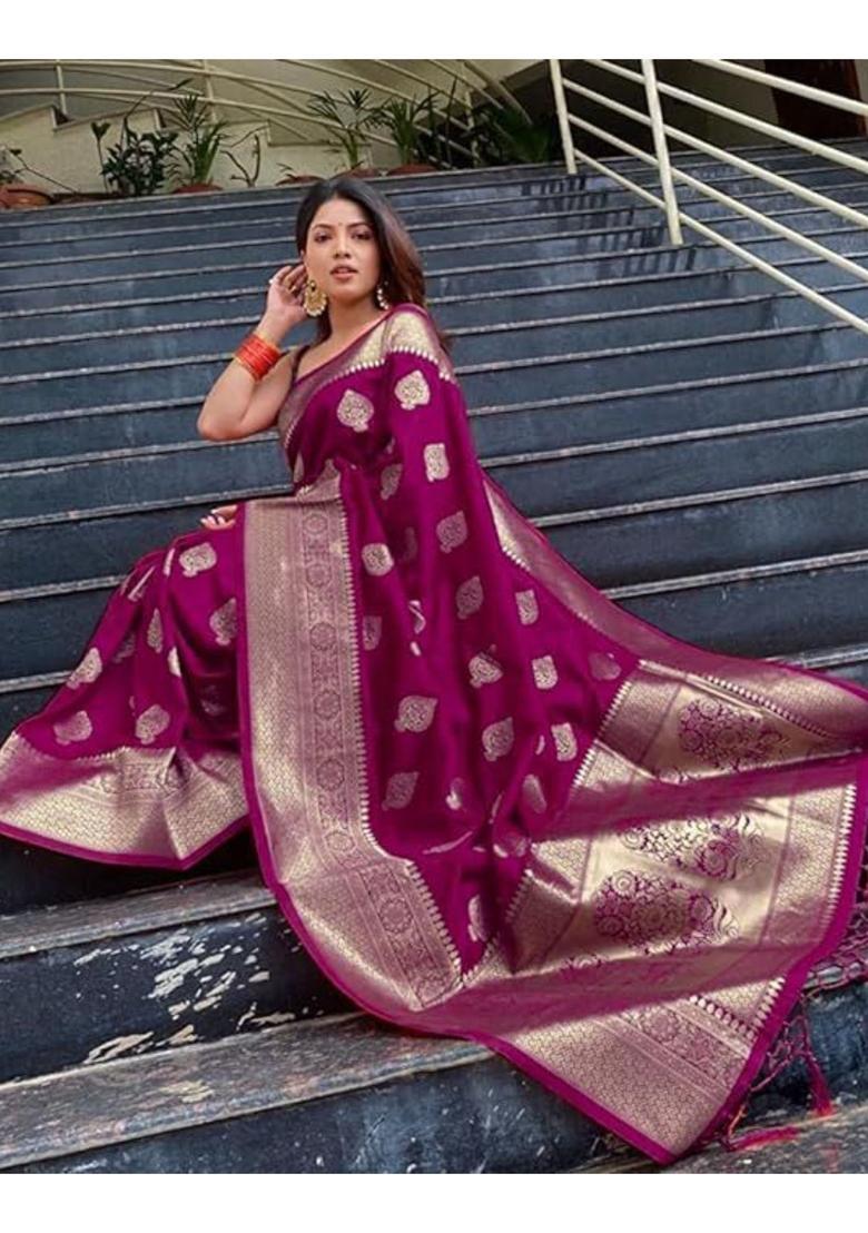 Purple Printed Jacquard Saree Set - Indya