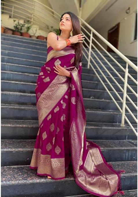 Purple Printed Jacquard Saree Set