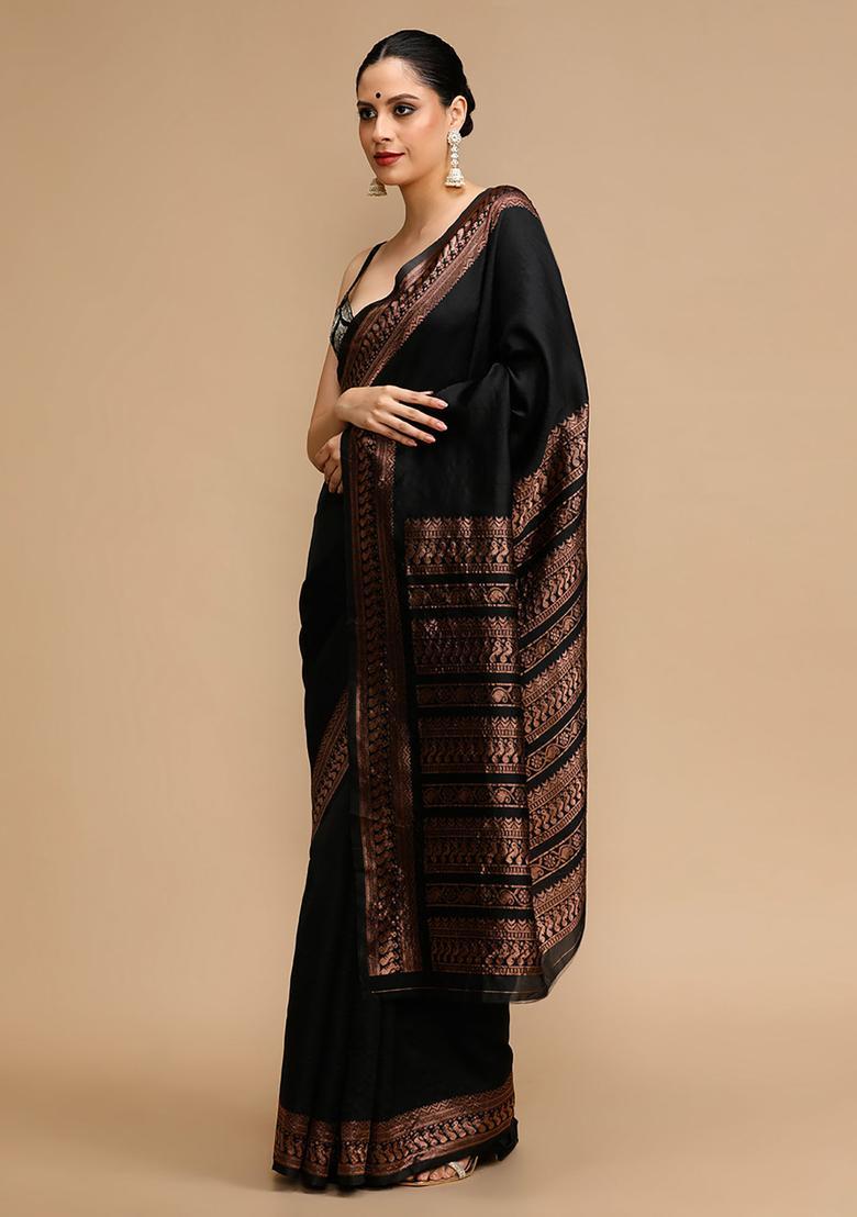 Black Woven Jacquard Saree Set - Indya