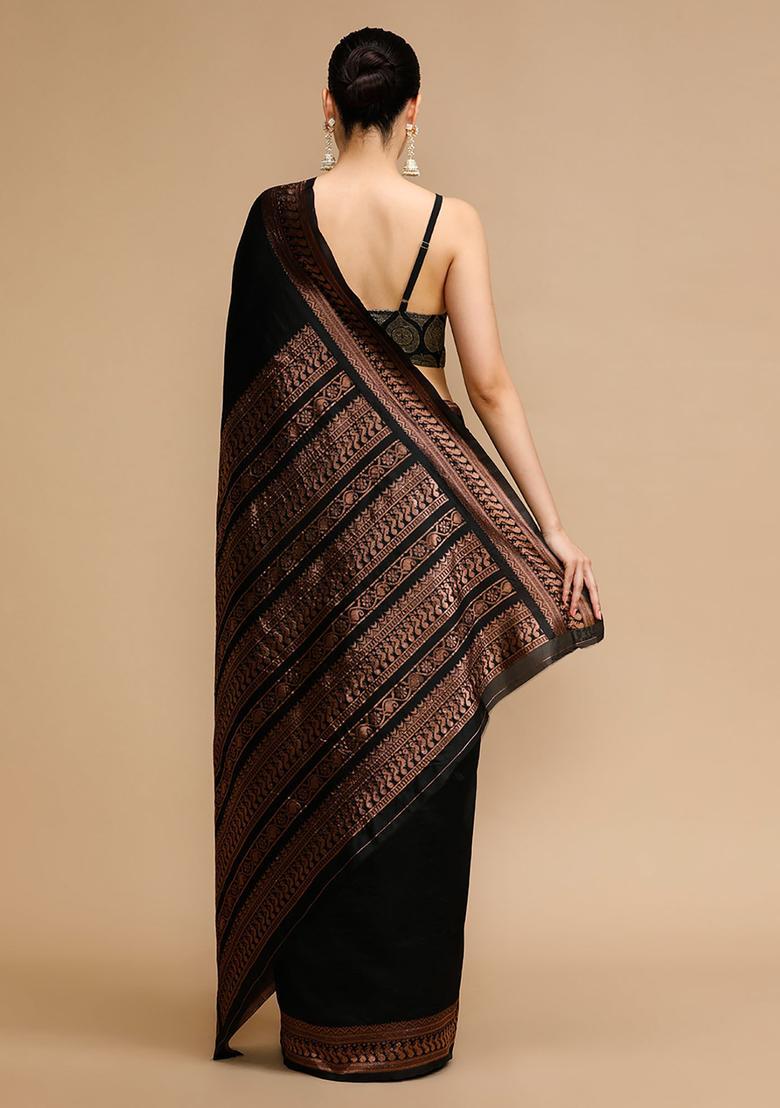 Black Woven Jacquard Saree Set - Indya