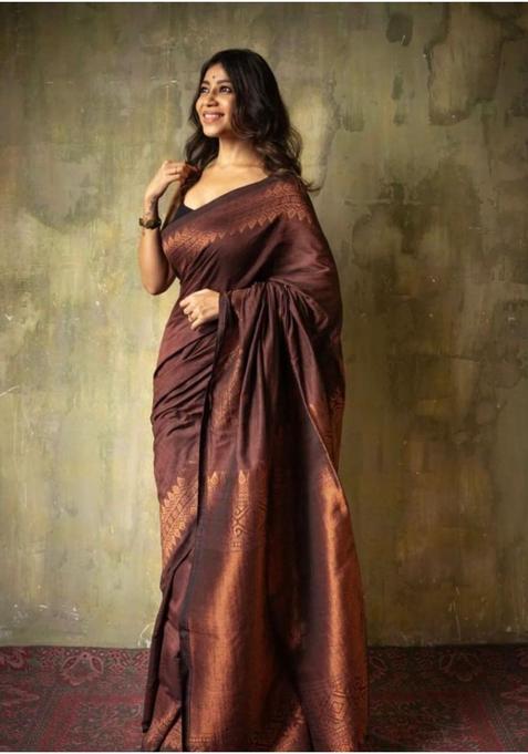 Brown Woven Jacquard Saree Set