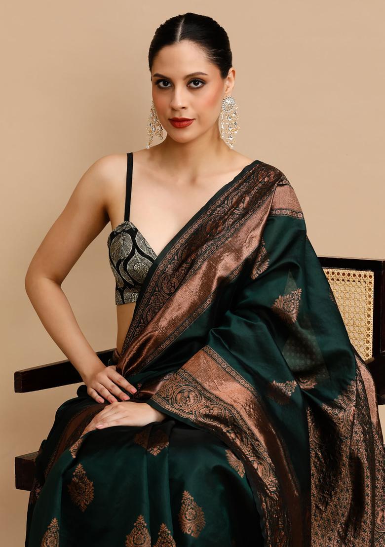 Green Woven Jacquard Saree Set - Indya