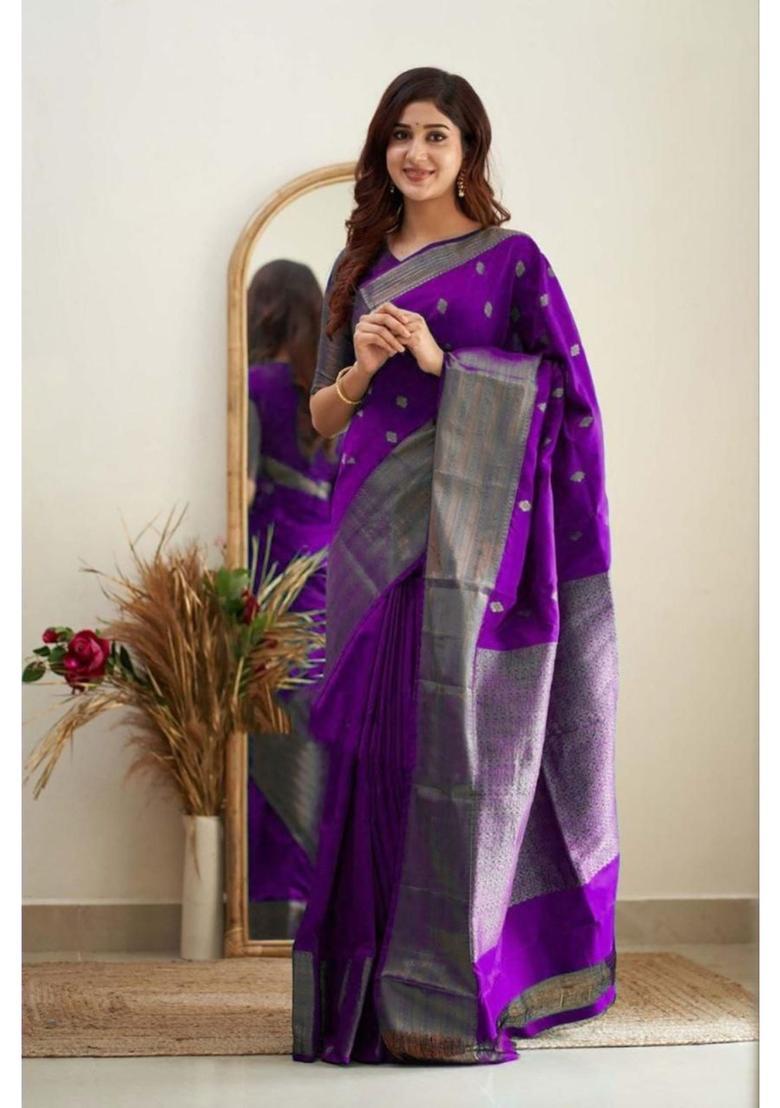 Purple Woven Jacquard Saree Set - Indya