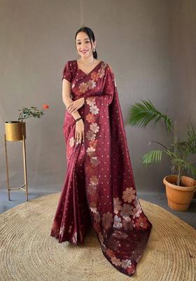 Maroon Printed Jacquard Saree Set