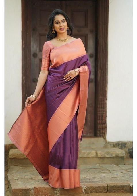 Purple Woven Silk Blend Saree Set