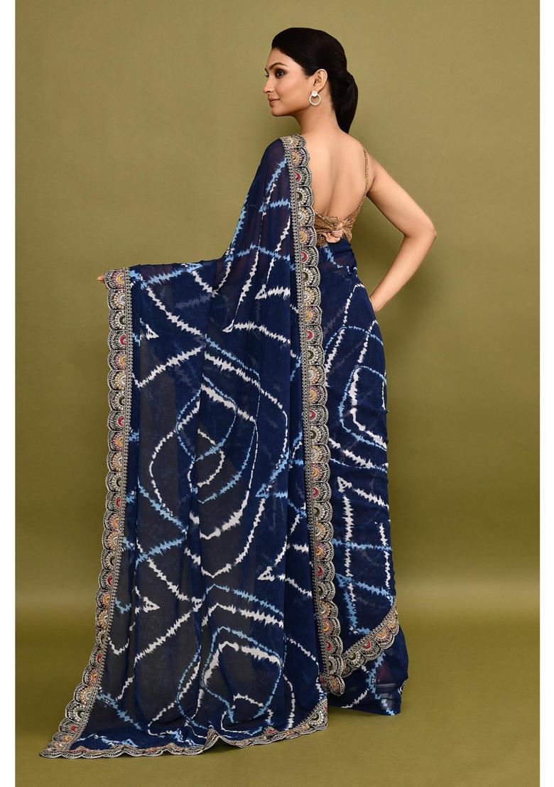 Blue Embroidered Georgette Saree Set - Indya
