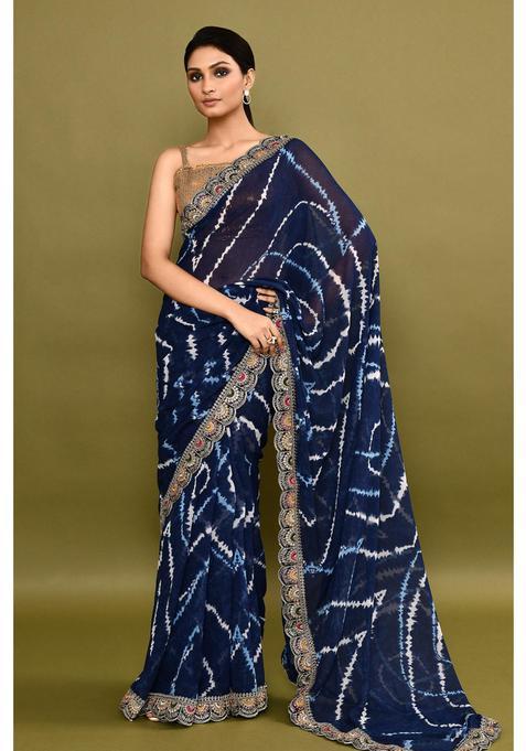Blue Embroidered Georgette Saree Set