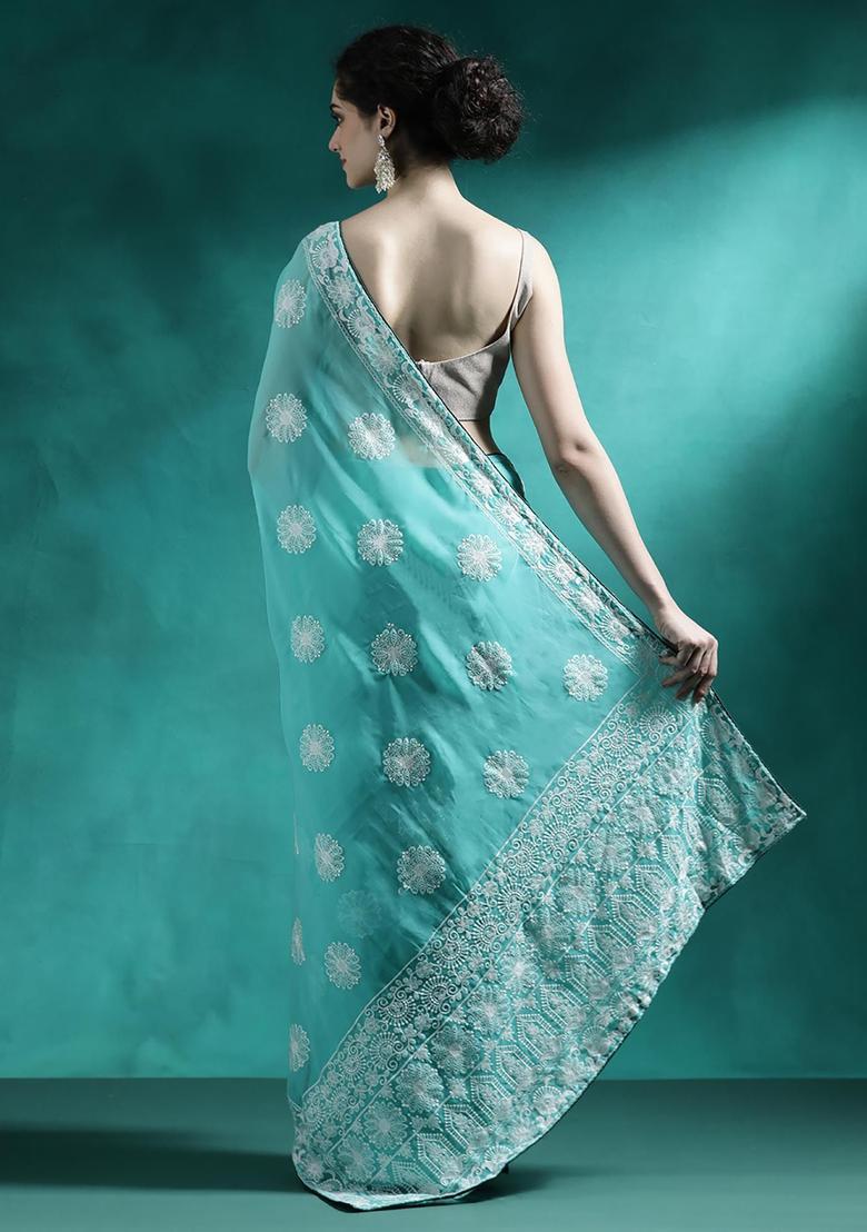 Turquoise Embroidered Georgette Saree Set - Indya