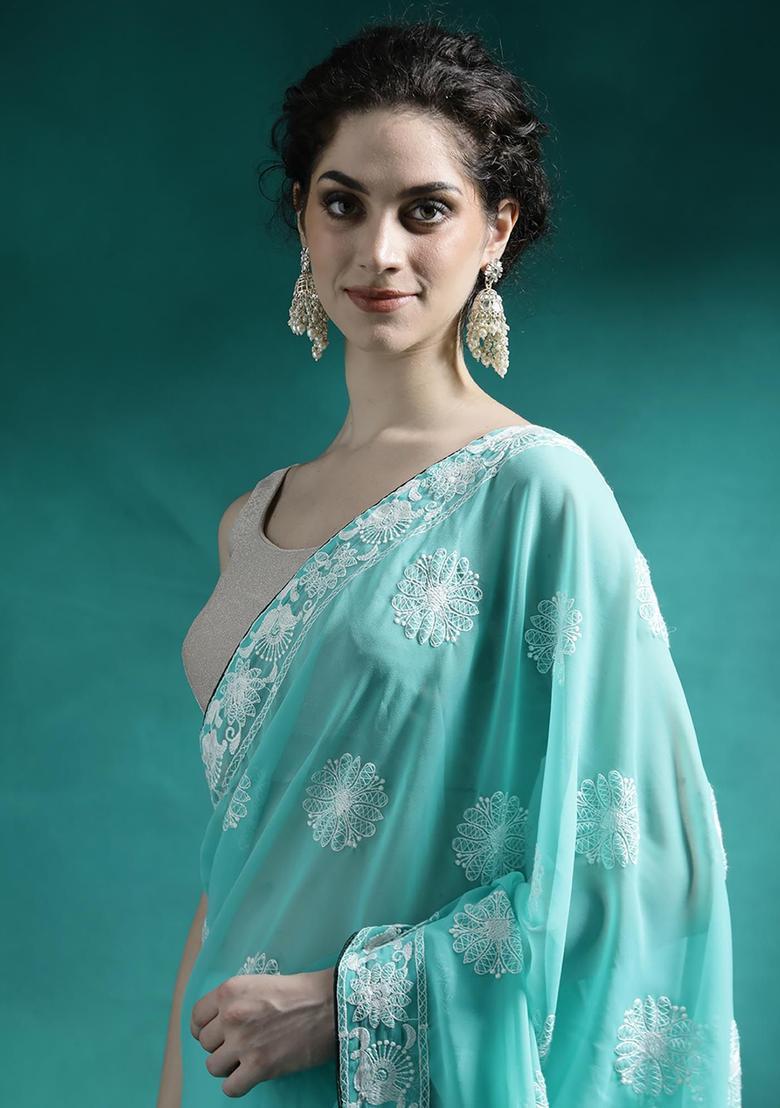 Turquoise Embroidered Georgette Saree Set - Indya