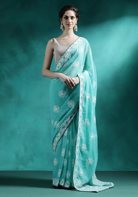 Turquoise Embroidered Georgette Saree Set
