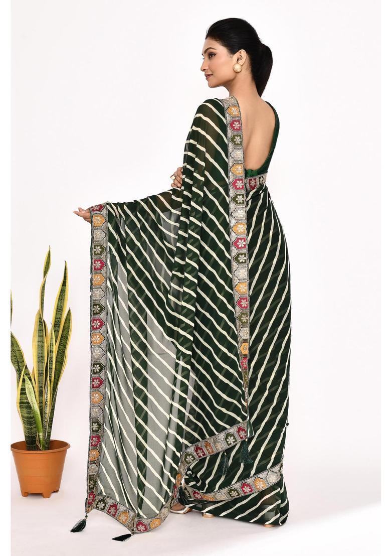 Green Embroidered Georgette Saree Set - Indya